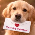 Golden retriever holding a Valentine love letter, representing animal communication, unconditional pet love, heart connection, and mindful pet parenting.