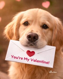 Golden retriever holding a Valentine love letter, representing animal communication, unconditional pet love, heart connection, and mindful pet parenting.