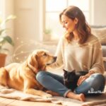 Woman sitting on a rug in a sunlit room with a golden retriever and a black cat, showing a calm intuitive connection.