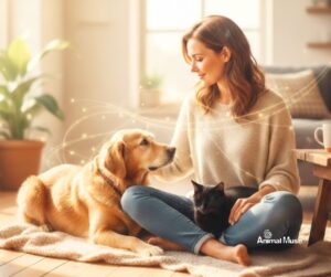 Woman sitting on a rug in a sunlit room with a golden retriever and a black cat, showing a calm intuitive connection.