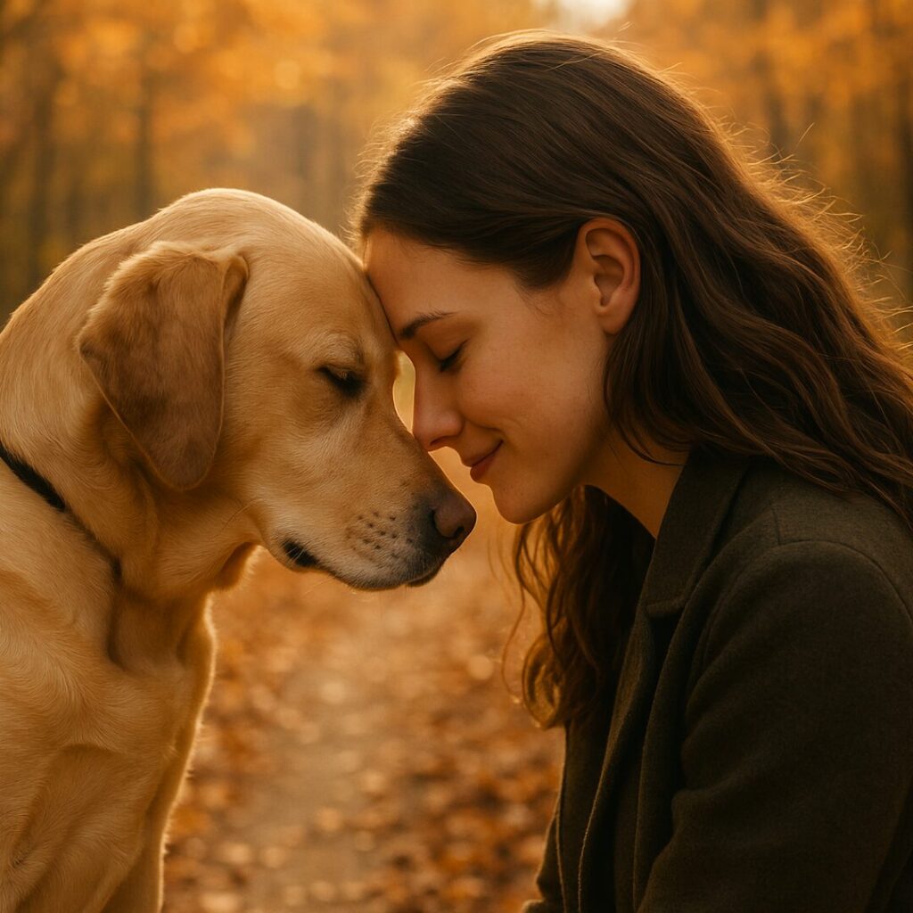 Woman and her dog touching foreheads in warm golden light, symbolizing love, connection, and bond after pet loss