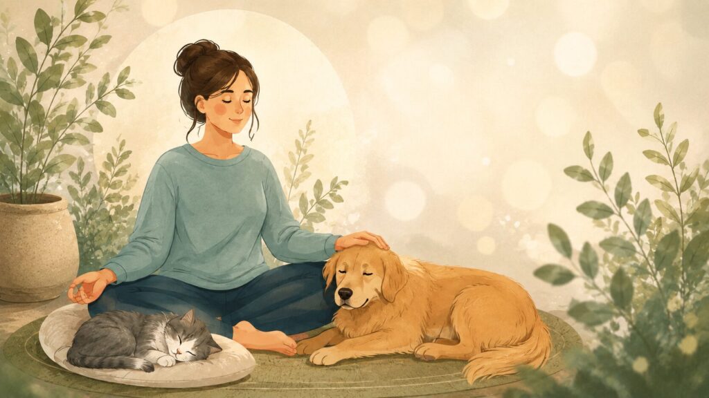 Illustration of a woman meditating calmly with a relaxed dog and sleeping cat