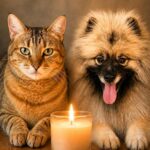 Mona Marie the cat and Bodhi Bear the dog beside a glowing memorial candle with the words, “Forever loved, forever missed, always in our hearts.”