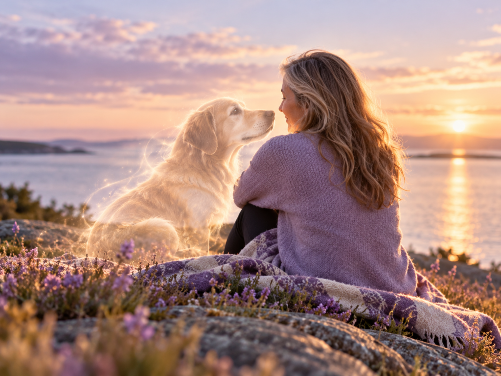 Woman connecting with her dog in spirit at sunset, symbolizing the lasting bond after pet loss.